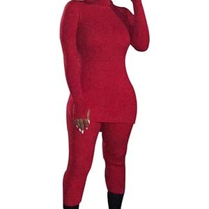 Red  Turtleneck Two Piece Set